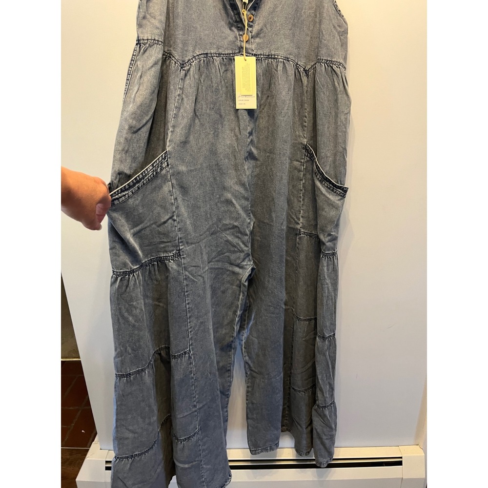Blue Velvet Acid Wash Tiered Wide Leg Jumpsuit Blue Sleeveless Henley Boho XL - Picture 2 of 6
